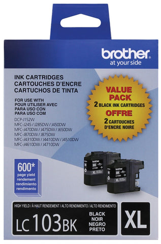Brother High Yield Black Ink Cartridge Dual Pack (2 Pack of OEM# LC103BK) (2 x 600 Yield)